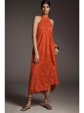 Anthropologie Halter Cutwork Lace Dress Orange Midi M